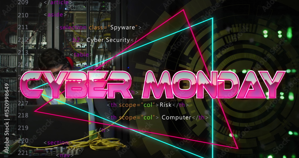 Poster image of cyber monday text with data processing and scope scanning over asian man in server room