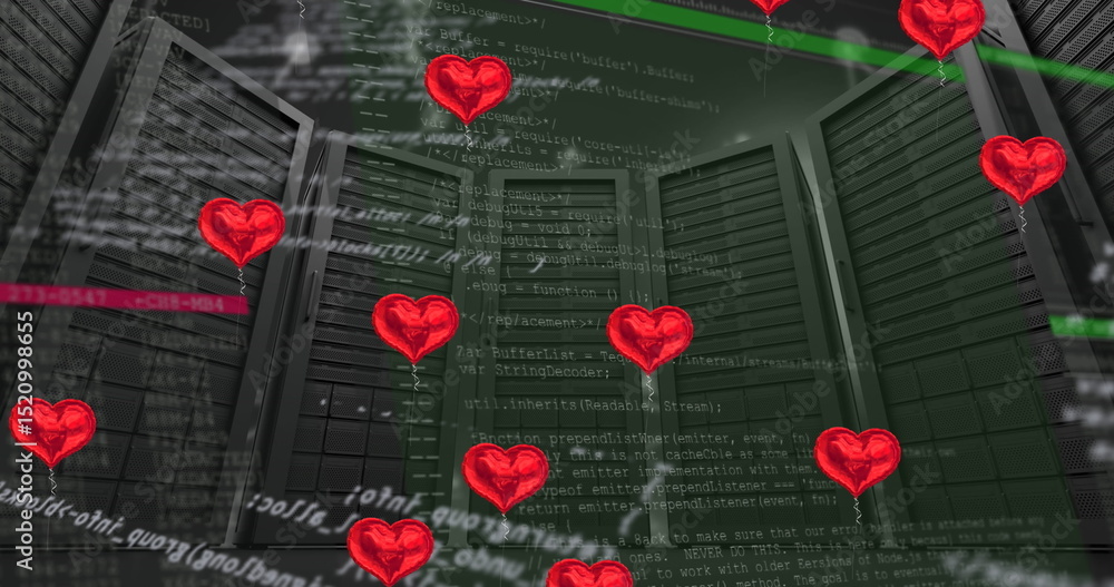Aufkleber image of red hearts and data processing over server room