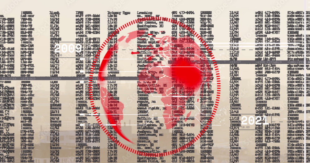 Poster image of globe and data processing over cityscape