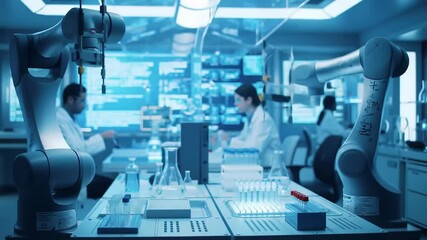 Robotic arm automation in a blur. Scientist at work with laboratory equipment. Modern science and medicine research footage. - Powered by Adobe