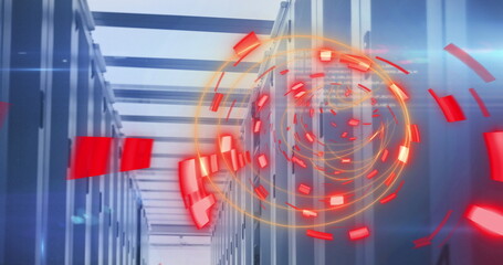 Image of light trails and shapes over server room