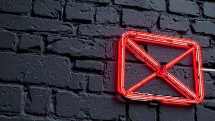 Red neon geometric envelope icon on black brick wall, modern urban signage representing digital communication and email notification - Powered by Adobe