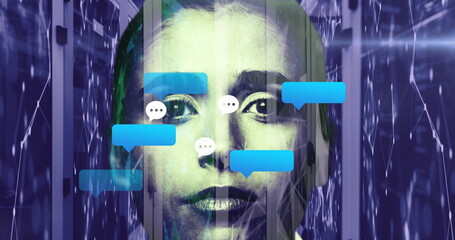 Image of social media icons and female face over server room
