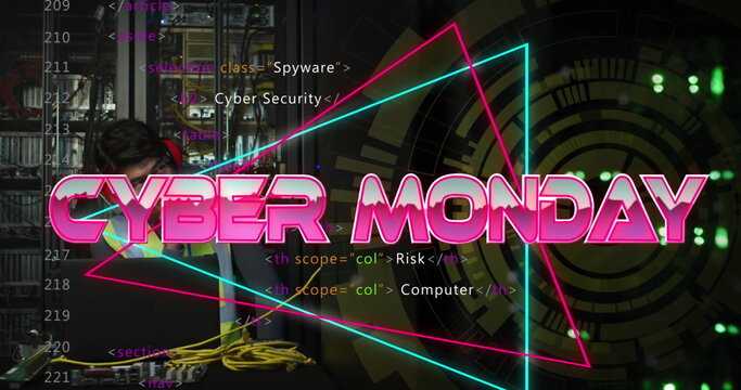 Image of cyber monday text with data processing and scope scanning over asian man in server room