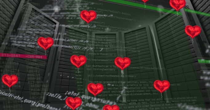 Image of red hearts and data processing over server room