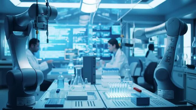 Robotic arm automation in a blur. Scientist at work with laboratory equipment. Modern science and medicine research footage. - Powered by Adobe
