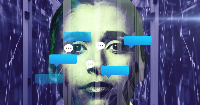 Image of social media icons and female face over server room