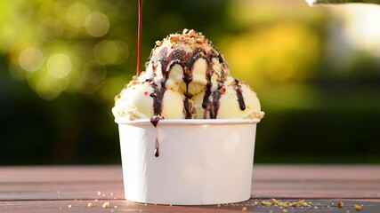 Cinematic orbit of vanilla ice cream sundae with chocolate and peanuts in white cup, golden hour bokeh