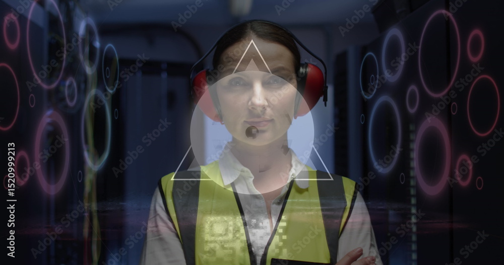Aufkleber image of digital data processing and qr code over caucasian female server room worker