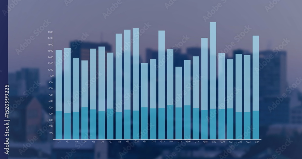 Poster image of moving columns over data processing on black background