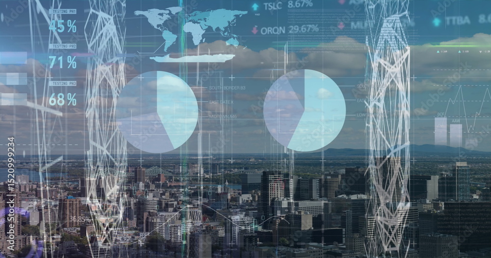 Aufkleber image of financial graph and data processing over cityscape