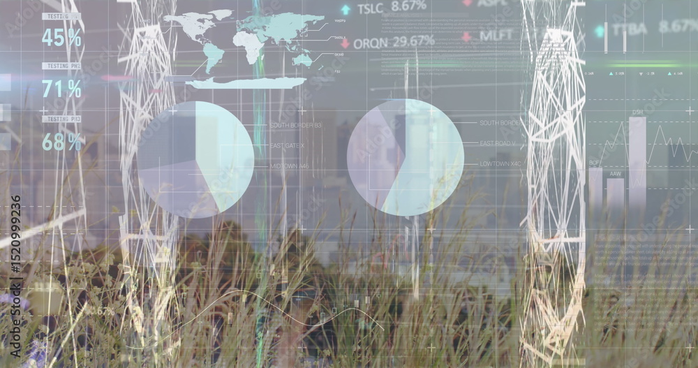 Aufkleber image of financial graph and data processing over cityscape
