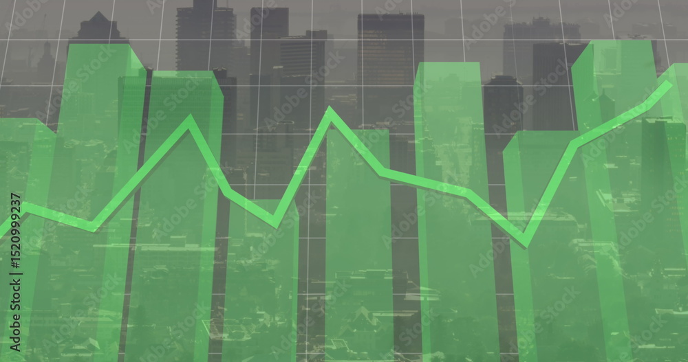Poster image of financial graph and data processing over cityscape