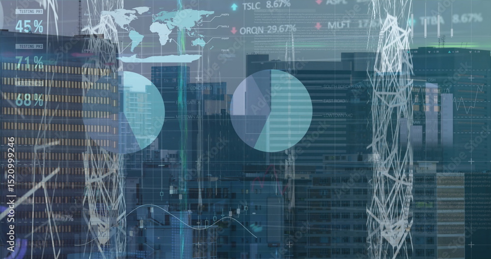 Aufkleber image of financial graph and data processing over cityscape