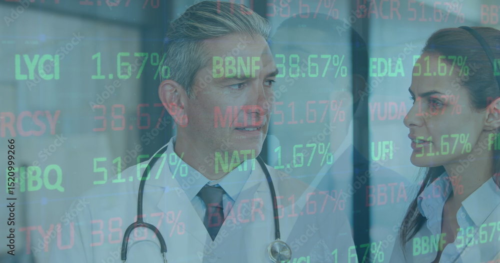 Poster image of data processing over caucasian doctors talking