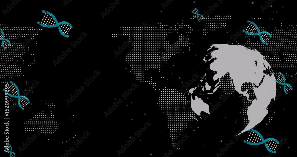 Poster image of falling dna strand over world map and globe on dark background