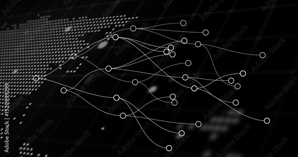 Poster image of network of connections and world map over black background