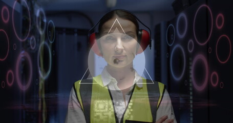 Image of digital data processing and qr code over caucasian female server room worker