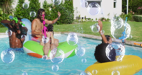 Image of bubbles over happy diverse friends having fun in swimming pool