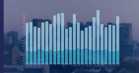 Image of moving columns over data processing on black background