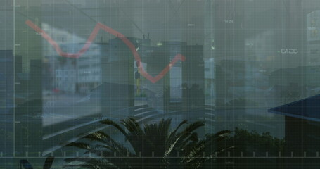 Image of financial graph and data processing over cityscape