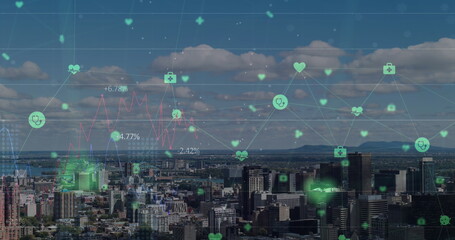 Image of network of connections over cityscape