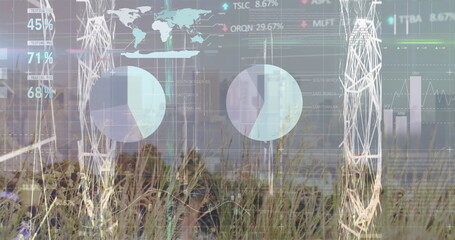 Image of financial graph and data processing over cityscape