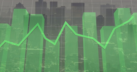 Image of financial graph and data processing over cityscape