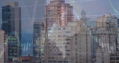 Image of financial graph and data processing over cityscape