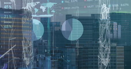 Image of financial graph and data processing over cityscape