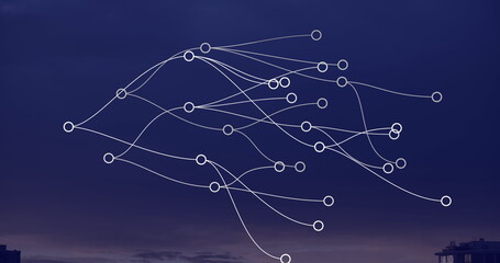 Floating network diagram with white nodes and curved connections against dusk sky over city skyline