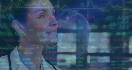 Image of data processing over caucasian female doctor