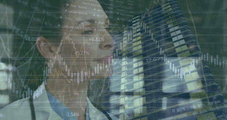 Image of data processing over caucasian female doctor