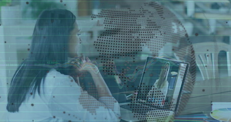 Image of data processing and globe over woman using laptop