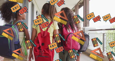 Image of school items icons over diverse schoolchildren