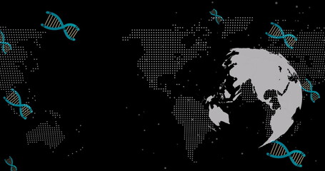 Image of falling dna strand over world map and globe on dark background