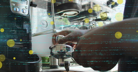 Image of falling yellow dots over barista making coffee