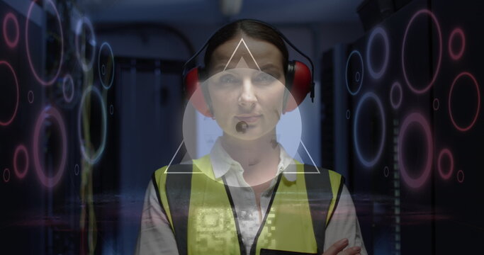 Image of digital data processing and qr code over caucasian female server room worker