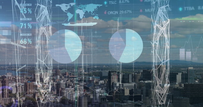 Image of financial graph and data processing over cityscape