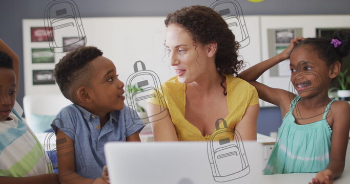 Image of schoolbag icons over african american schoolchildren with teacher