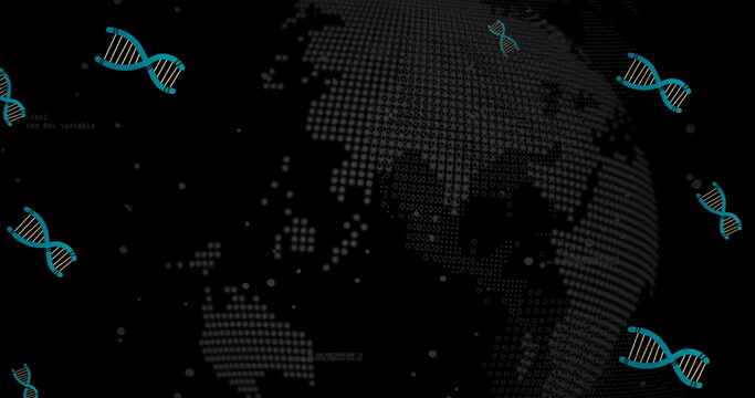 Image of falling dna strands and globe over black background