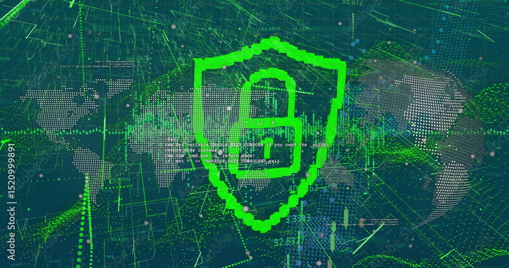 Poster image of data processing and padlock over dark background