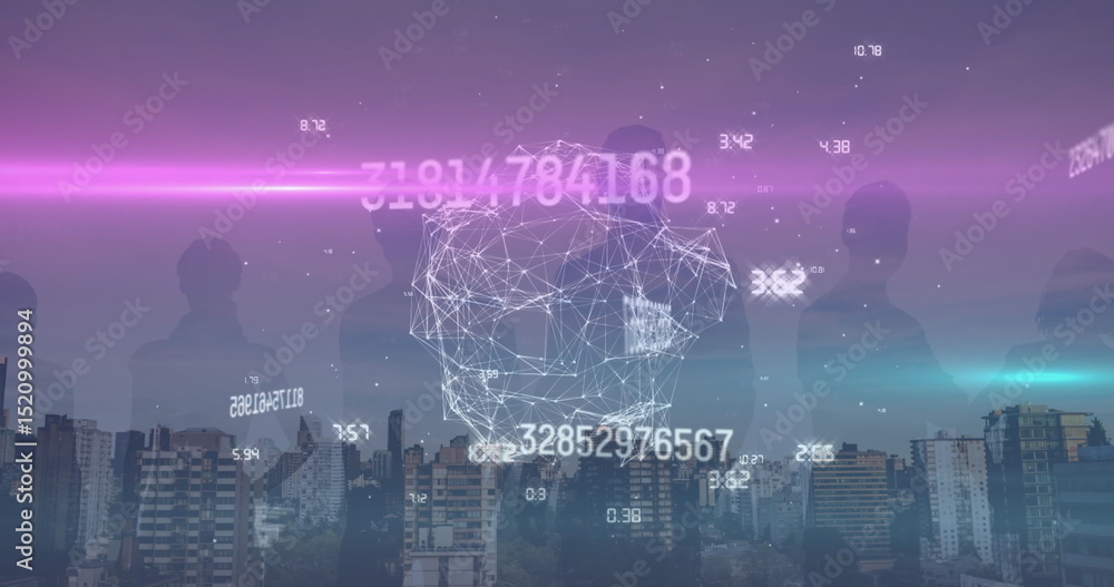 Poster image of data processing and network of connections over cityscape