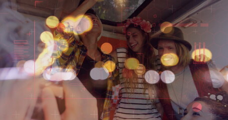 Image of digital data processing and glowing lights over diverse people in car