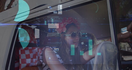 Image of digital data processing over two caucasian people in car