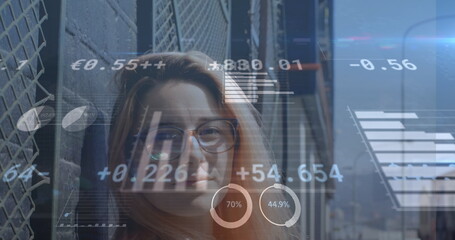 Image of digital data processing over caucasian women