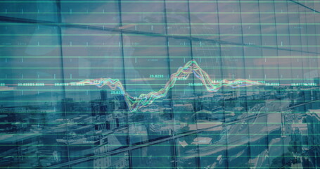 Image of finacial data processing over cityscape