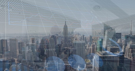 Image of finacial data processing over cityscape