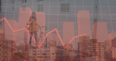 Image of finacial data processing over muslim women with bike cityscape