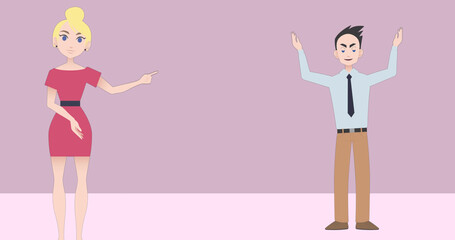 Image of caucasian businesswoman and businessmen making presentation over pink background